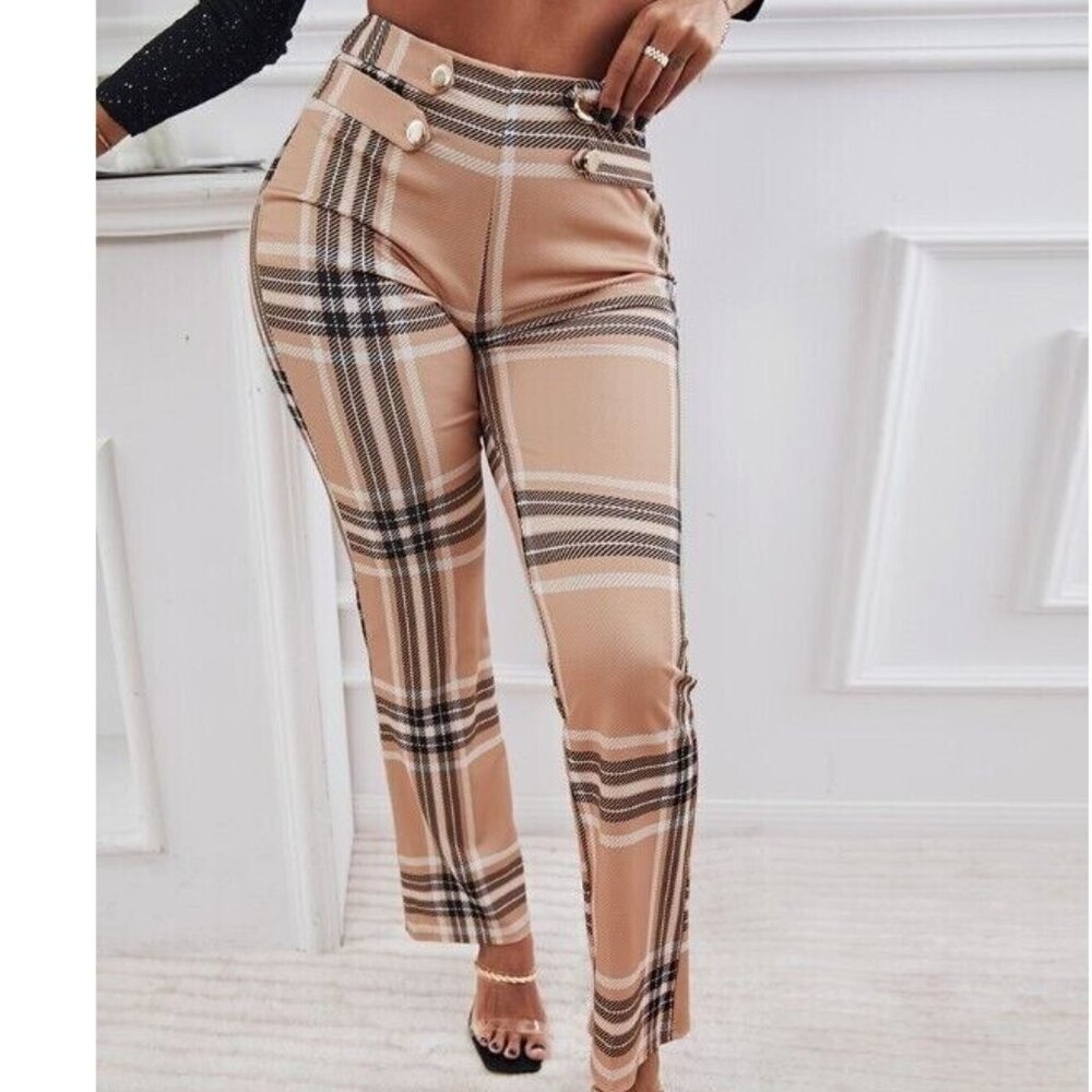 Women Dress Pants Size S Brown Striped Print High Waist Leg Straigth Stretch - Picture 5 of 16